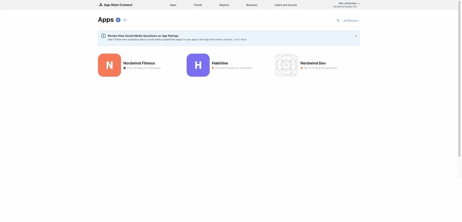 The App Store Connect Apps page with the cursor moving to Users and Access in the top navigation