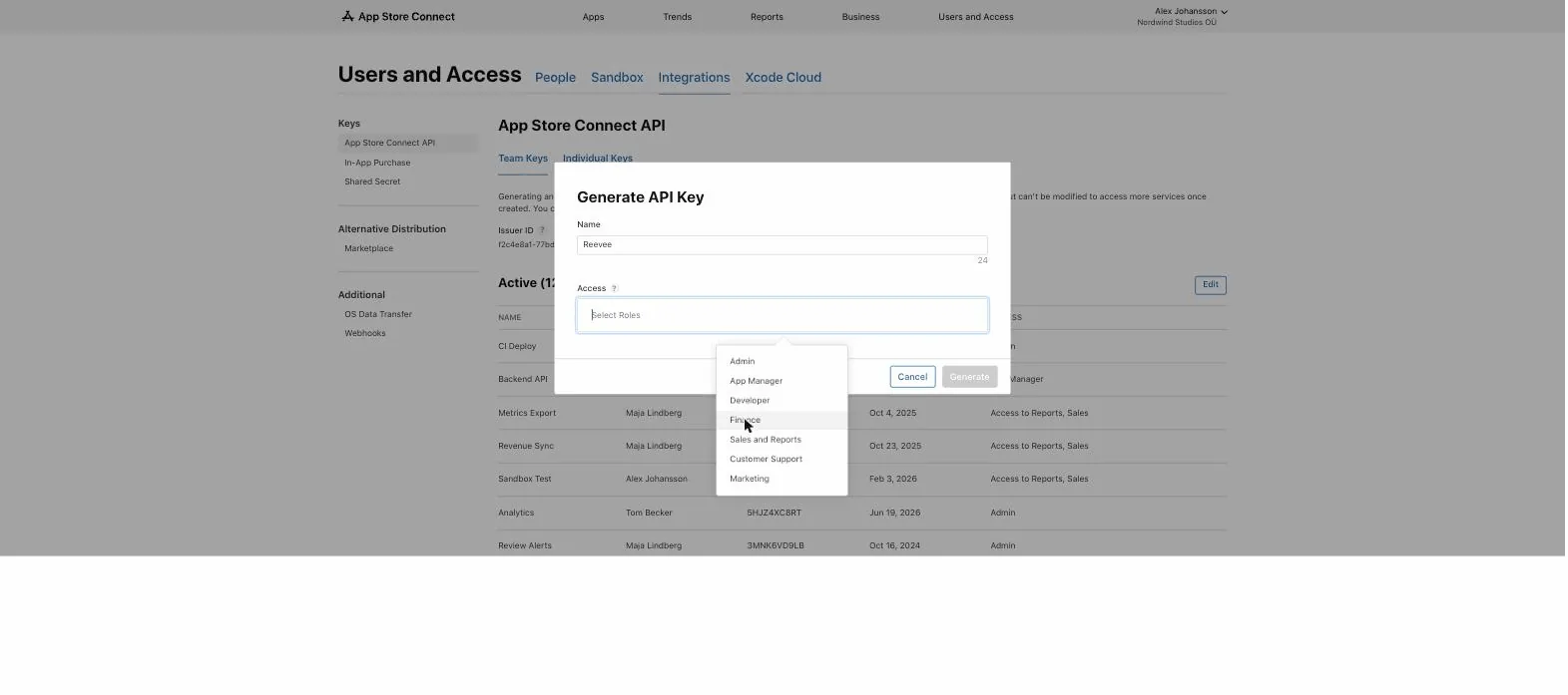 The Generate API Key dialog with the name Reevee typed in and the cursor selecting the Finance role