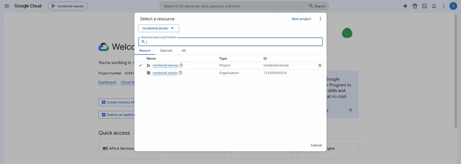The Google Cloud Console project picker open with the cursor moving to New project