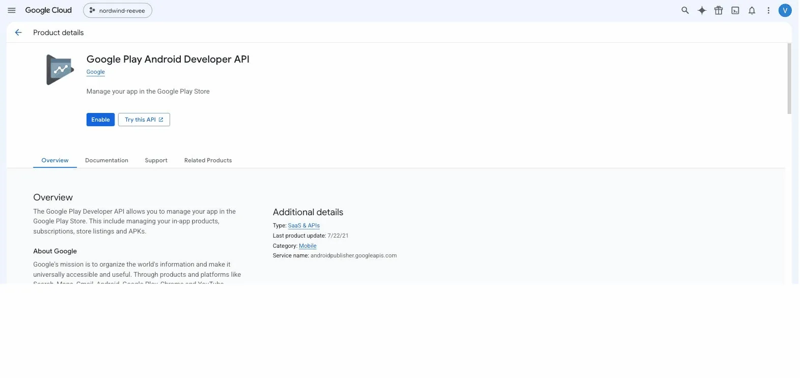 The Google Play Android Developer API page in the API Library with the cursor on the Enable button