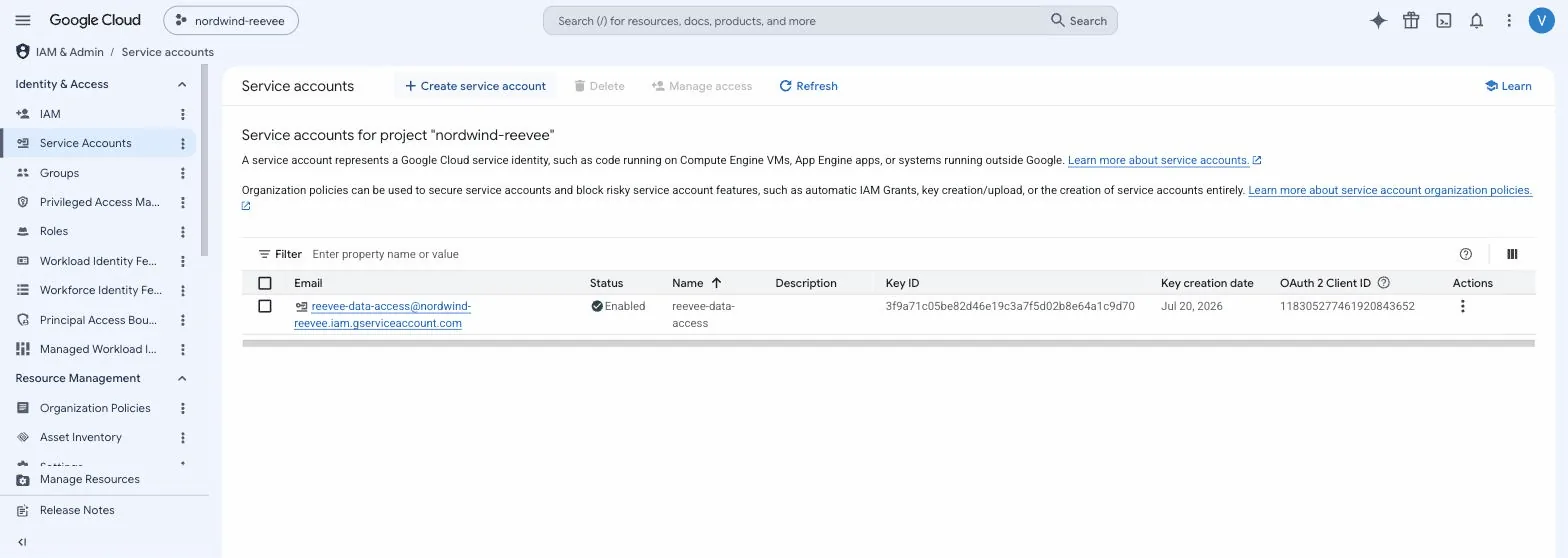 The IAM Service accounts page listing reevee-data-access with the cursor on Create service account