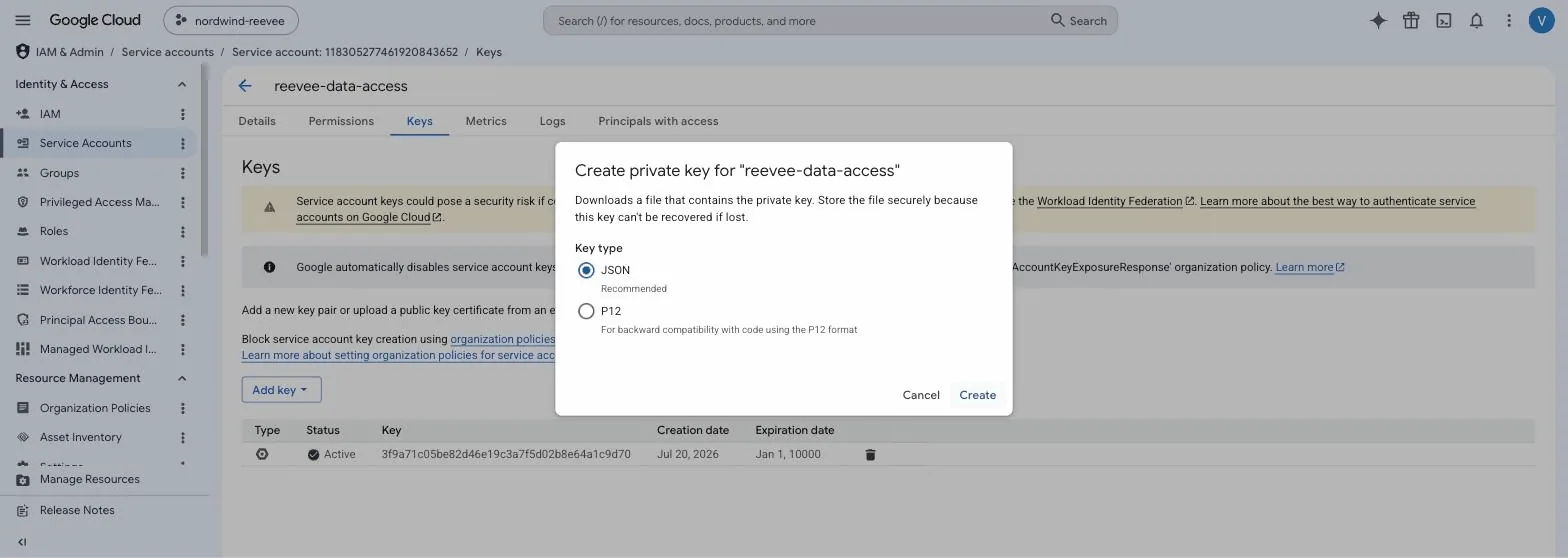 The Create private key dialog for reevee-data-access with JSON selected and the cursor on Create