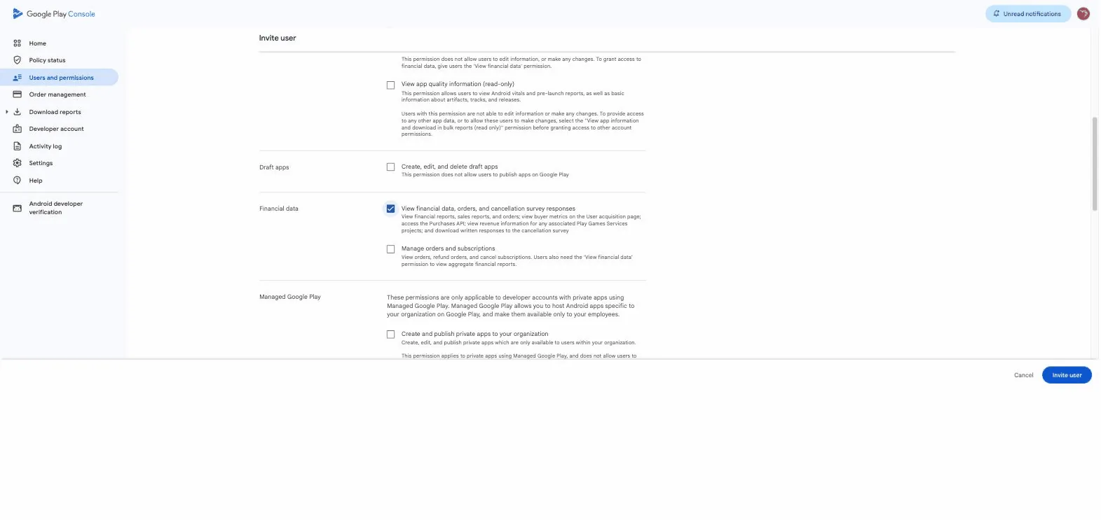 Play Console's Invite user page on the Account permissions tab with View financial data checked