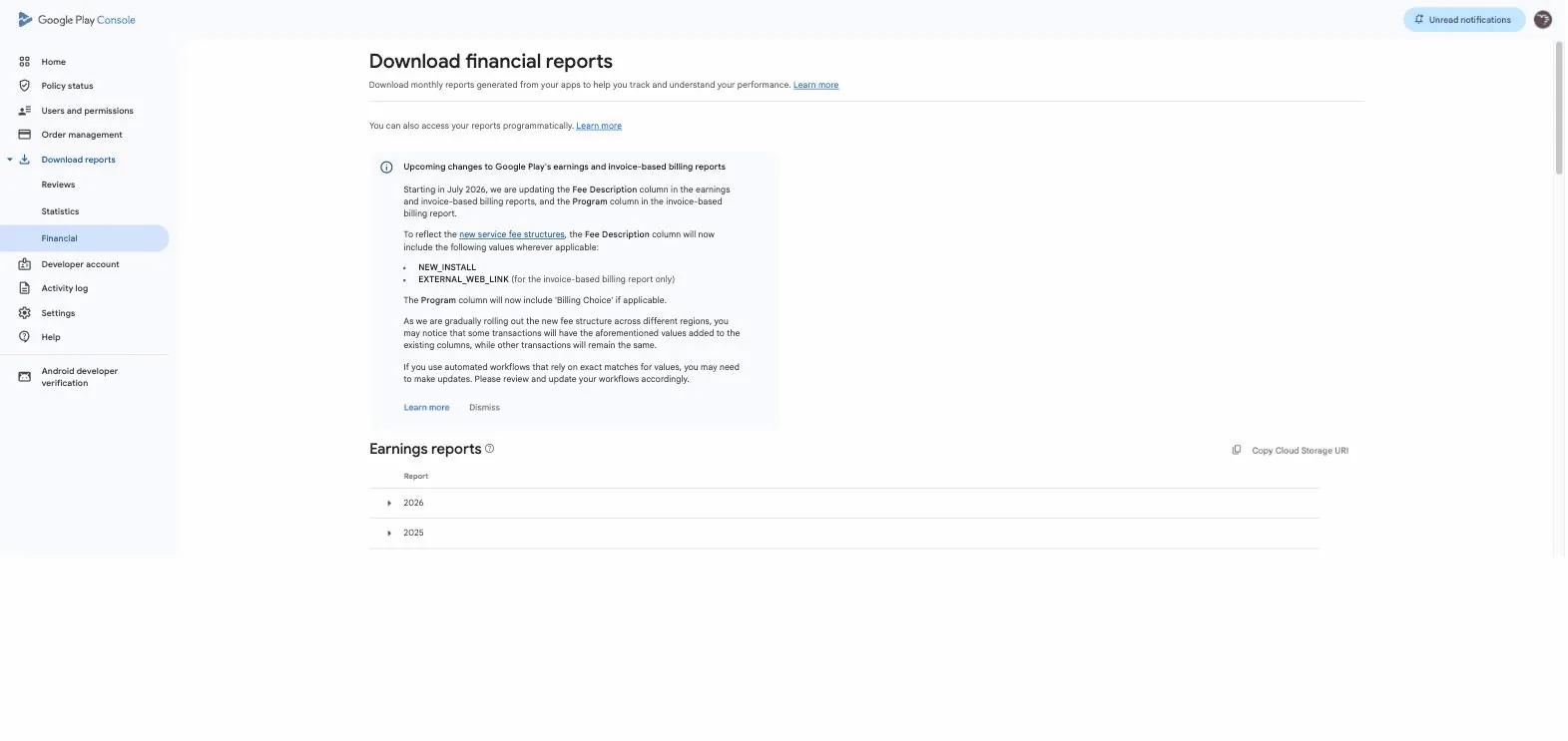 The Download financial reports page with the cursor on Copy Cloud Storage URI next to Earnings reports